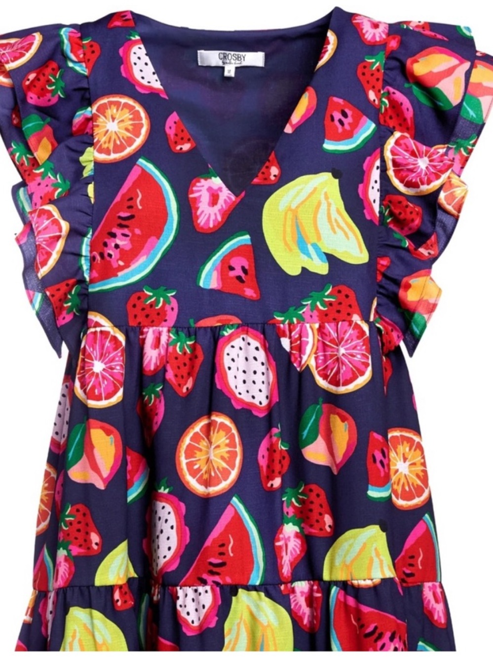 CROSBY by Mollie Burch Navy Fruit-Print Ruffle Dress